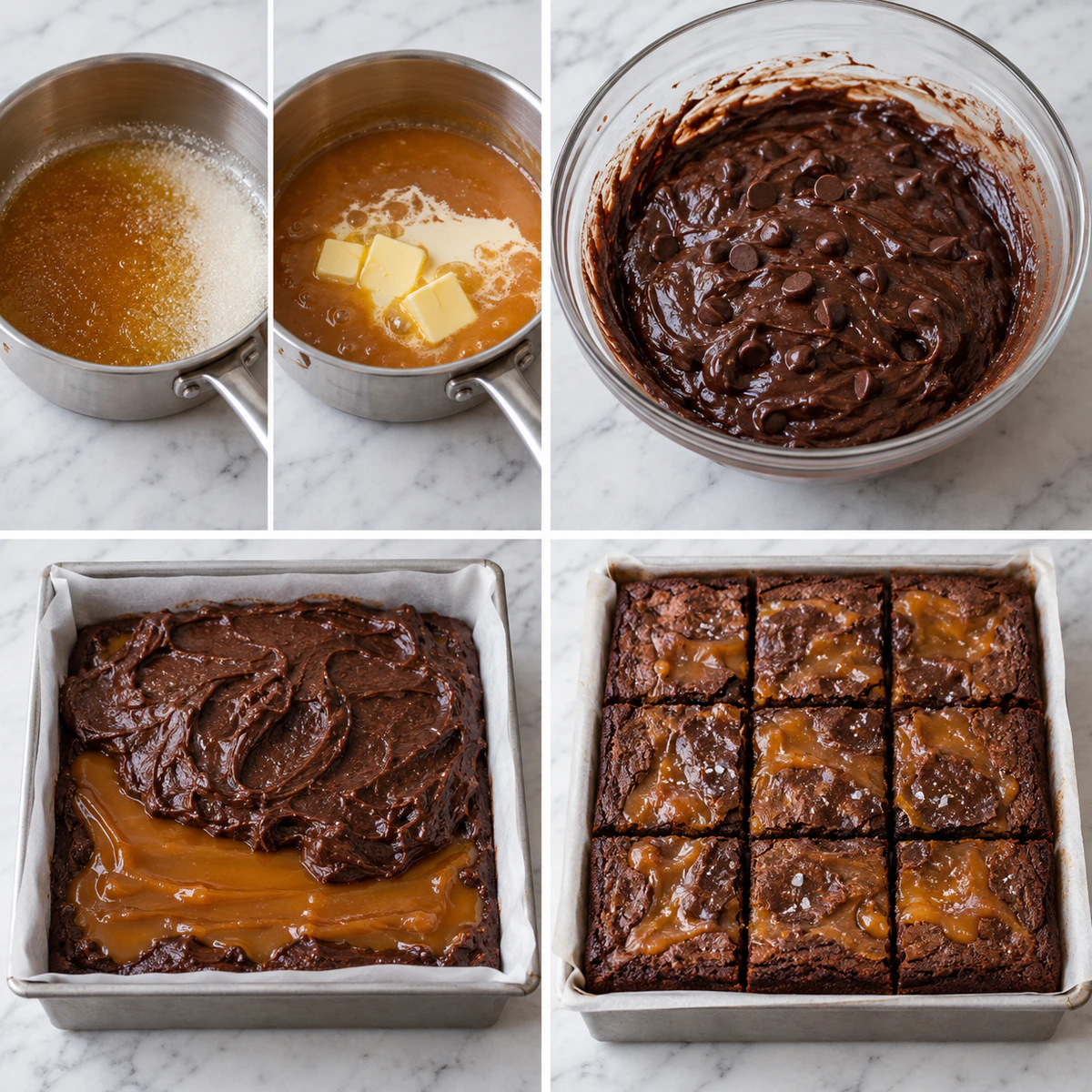 Four chronological preparation stages for Salted Caramel Fudge Brownies
