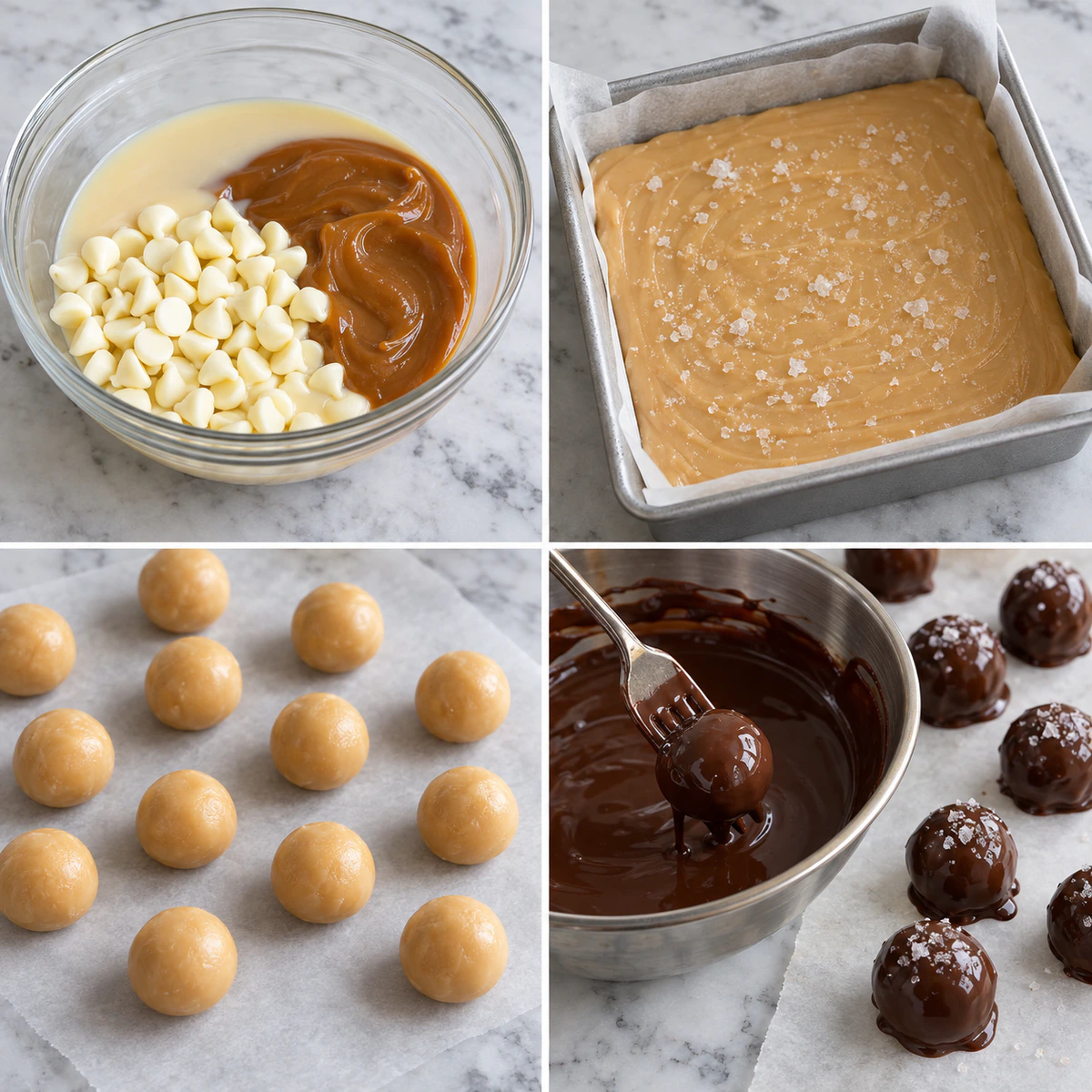 Four chronological preparation stages for Easy Salted Caramel Fudge Truffles