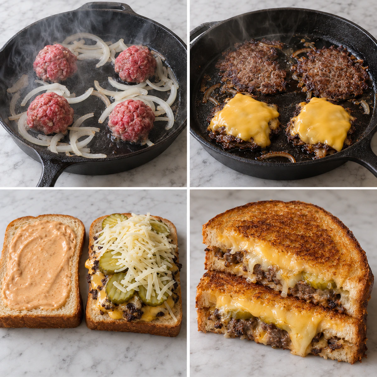 Four chronological preparation stages for Smash Burger Grilled Cheese