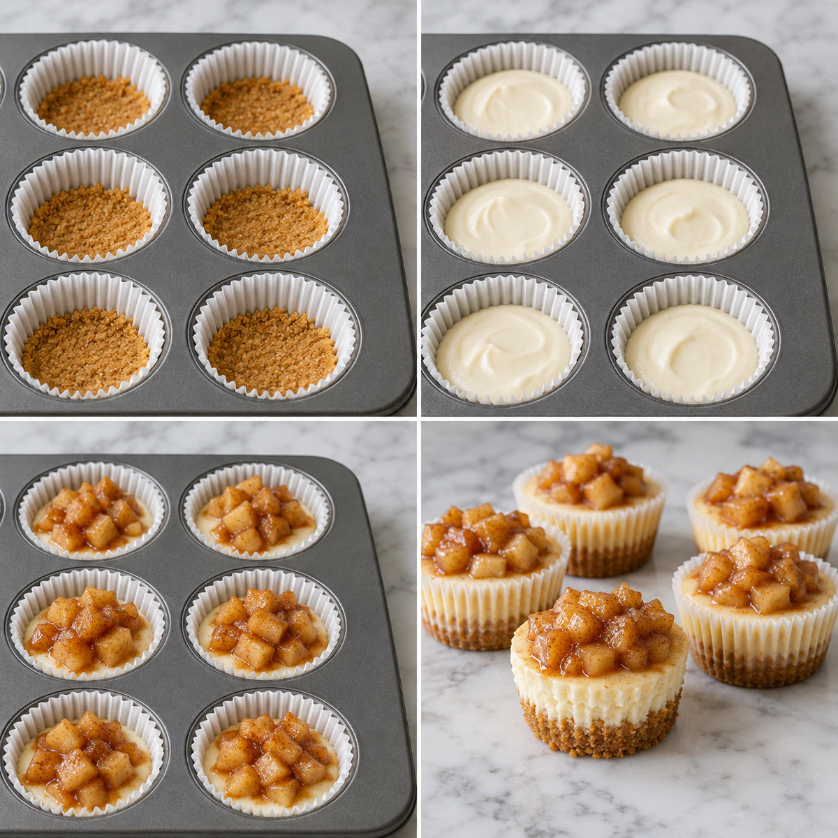 Four chronological preparation stages for Apple Pie Mini Cheesecake Bites