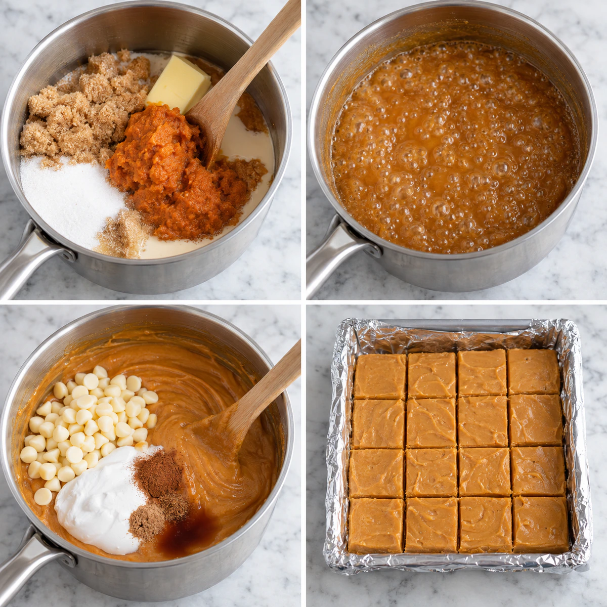 Four chronological preparation stages for Pumpkin Fudge Bliss