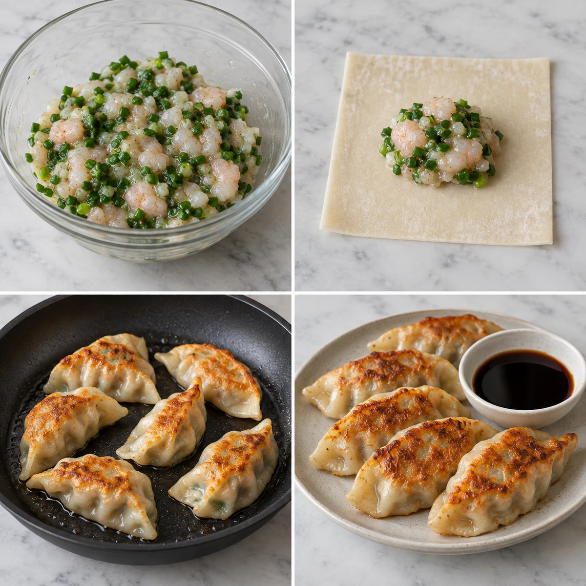 Four chronological preparation stages for Shrimp and Chive Dumplings