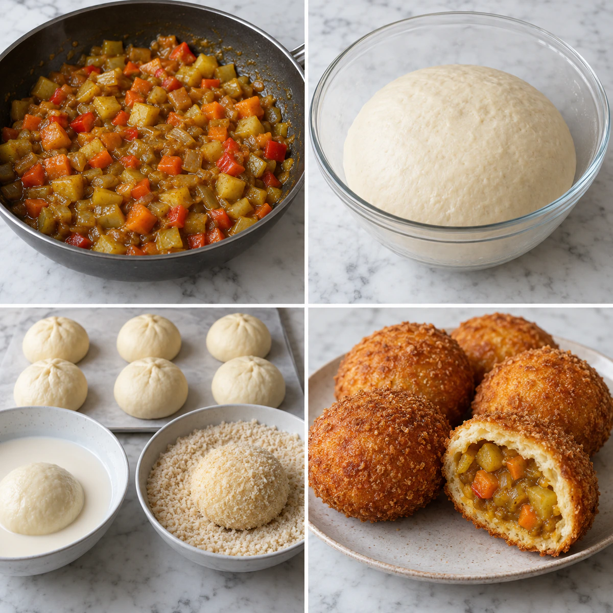 Four chronological preparation stages for Vegan Japanese Curry Bread Buns (Kare Pan)