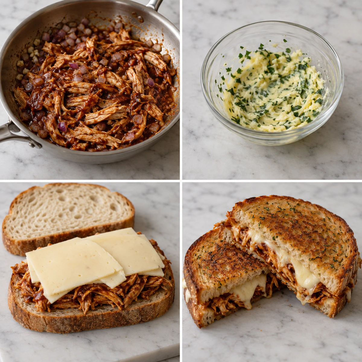 Four chronological preparation stages for BBQ Chicken Grilled Cheese Sandwich