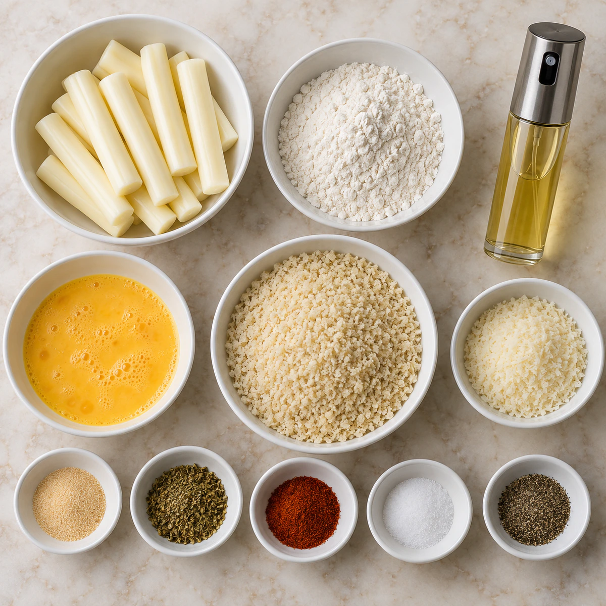 Exact measured ingredients for Crispy Air Fryer Mozzarella Sticks