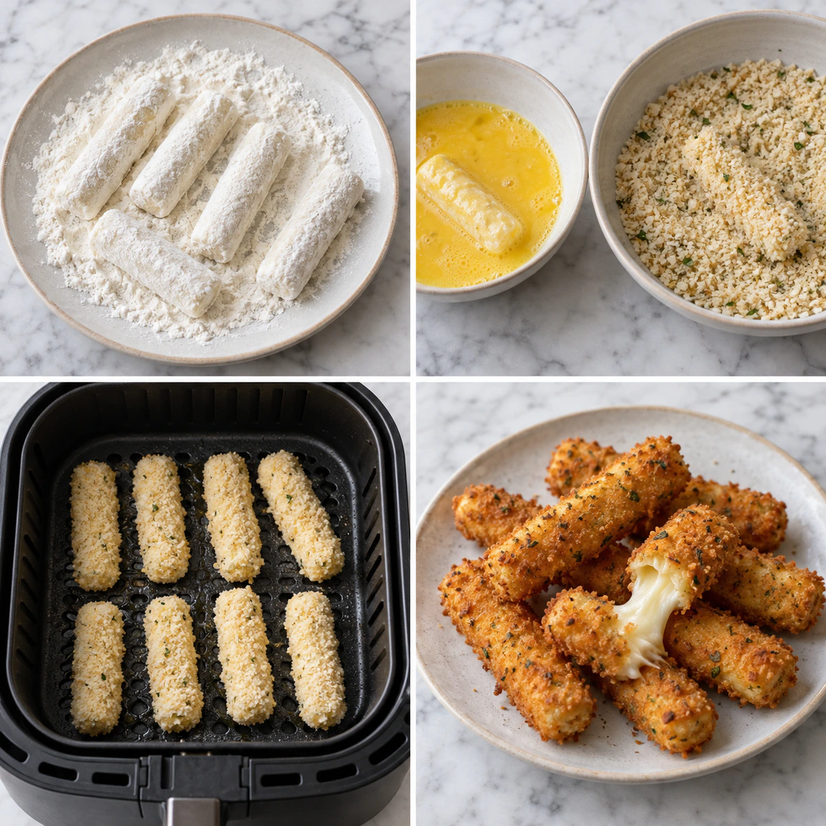 Four chronological preparation stages for Crispy Air Fryer Mozzarella Sticks