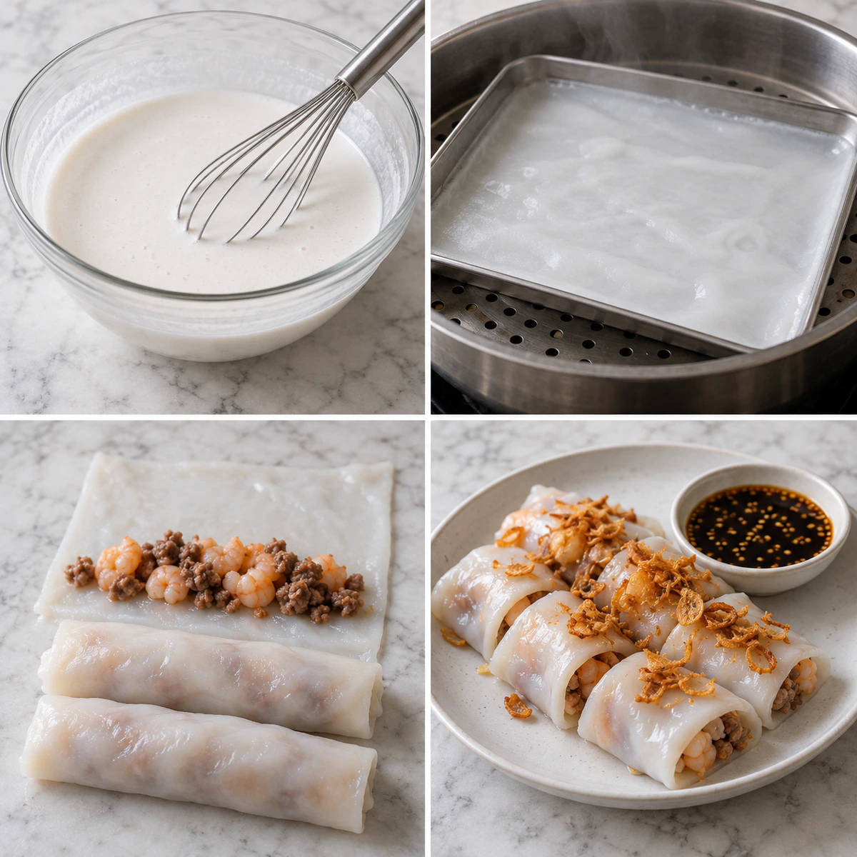 Four chronological preparation stages for Delicious Cheung Fun (Steamed Rice Noodle Rolls)