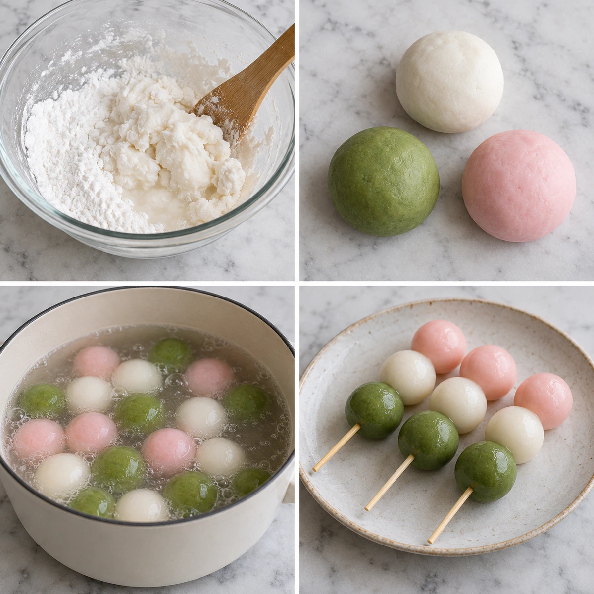 Four chronological preparation stages for Easy Hanami Dango Recipe