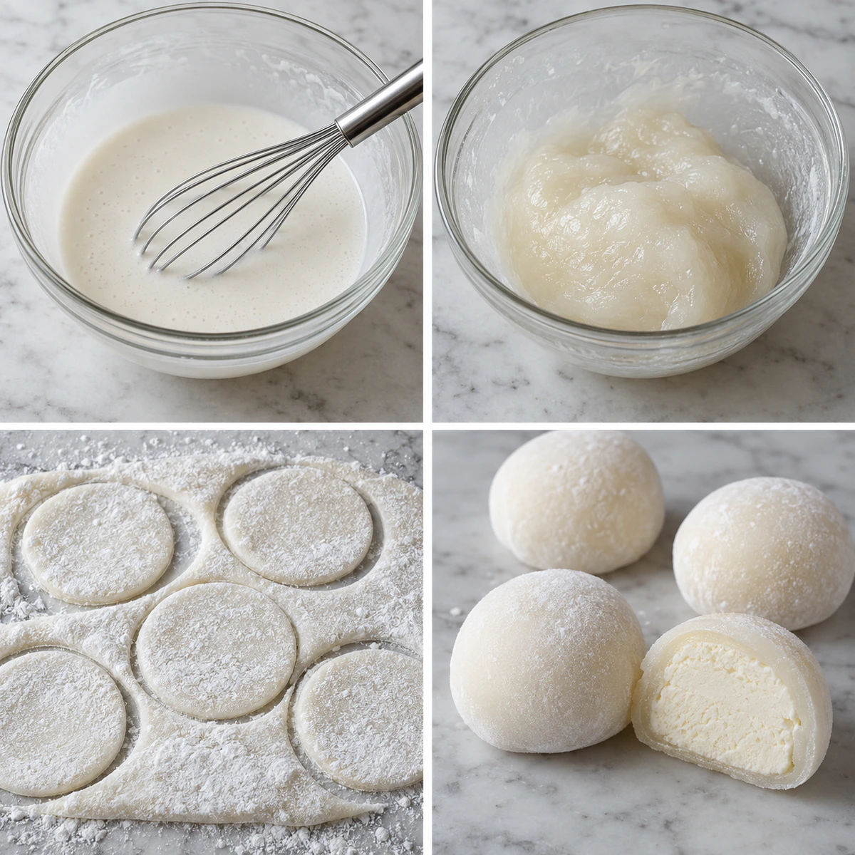 Four chronological preparation stages for Mochi Ice Cream Delight