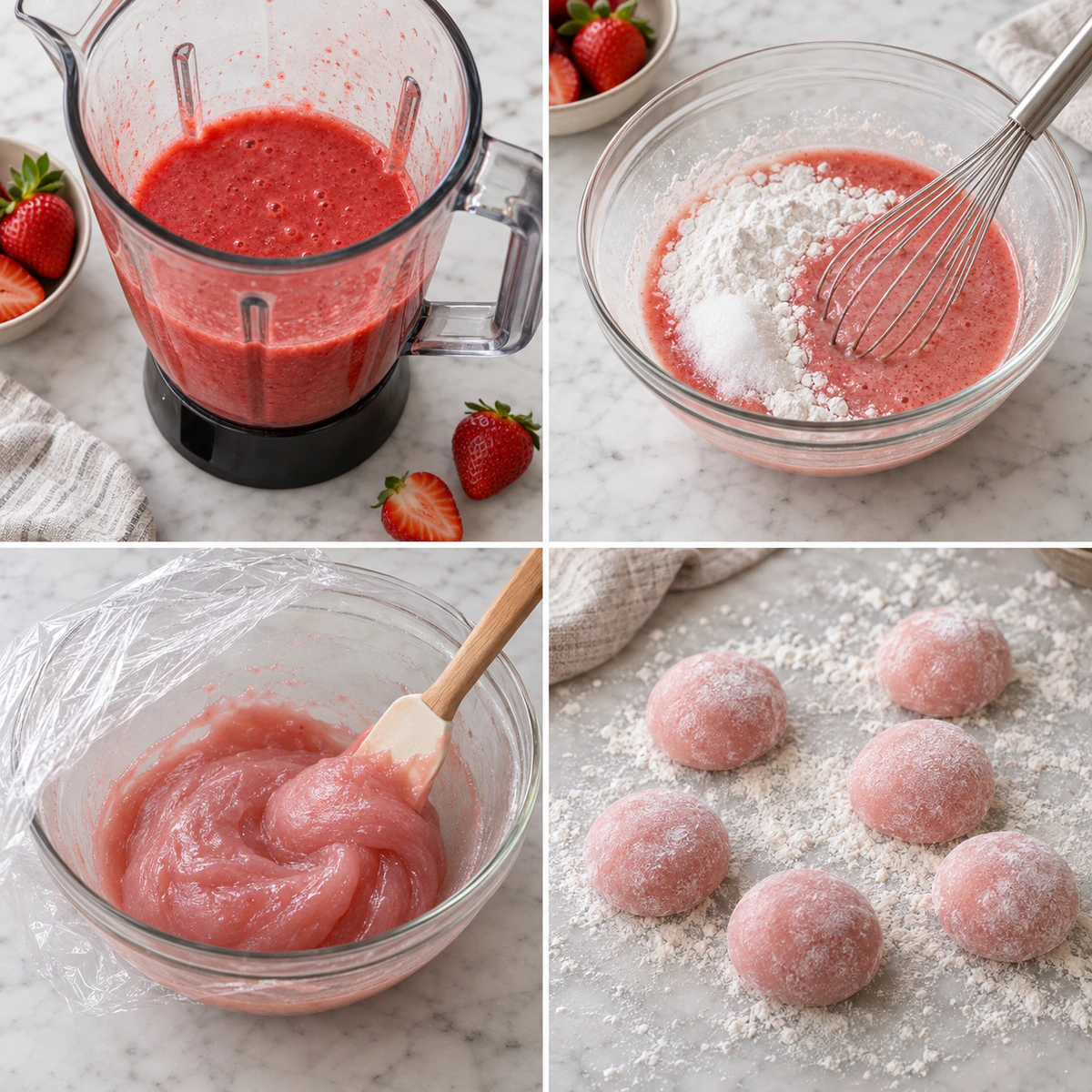 Four chronological preparation stages for Healthy Strawberry Mochi in Minutes