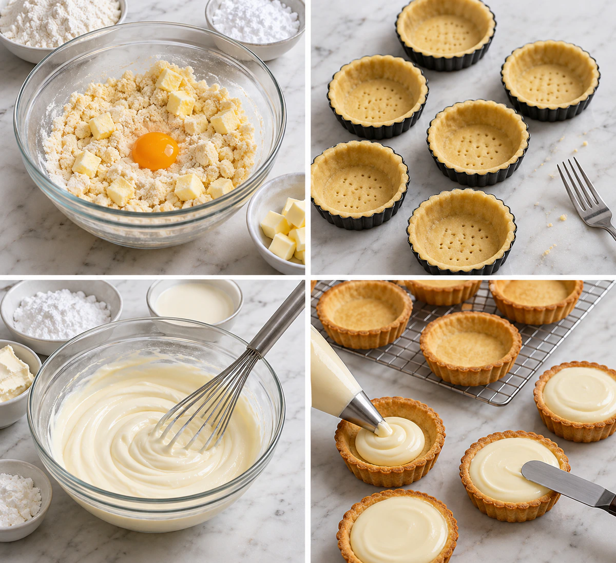 Four chronological preparation stages for Irresistible Japanese Cheese Tarts