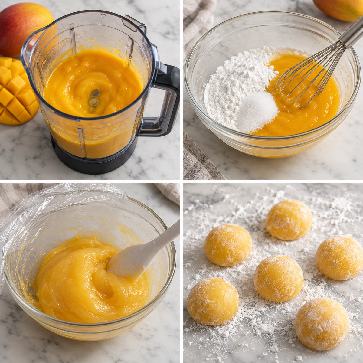 Four chronological preparation stages for Simple 3-Ingredient Mango Mochi