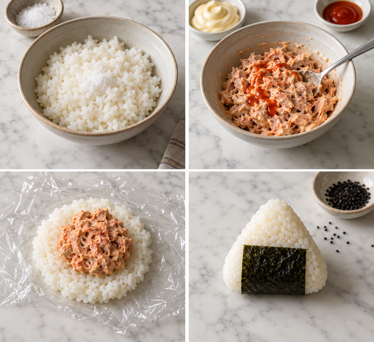 Four chronological preparation stages for Spicy Tuna Onigiri Bliss