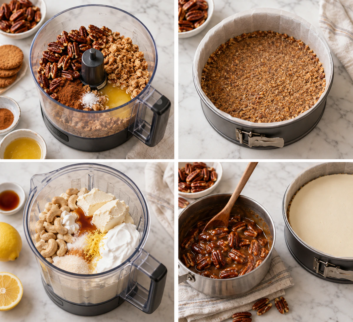 Four chronological preparation stages for Vegan Caramel Pecan Pie Cheesecake