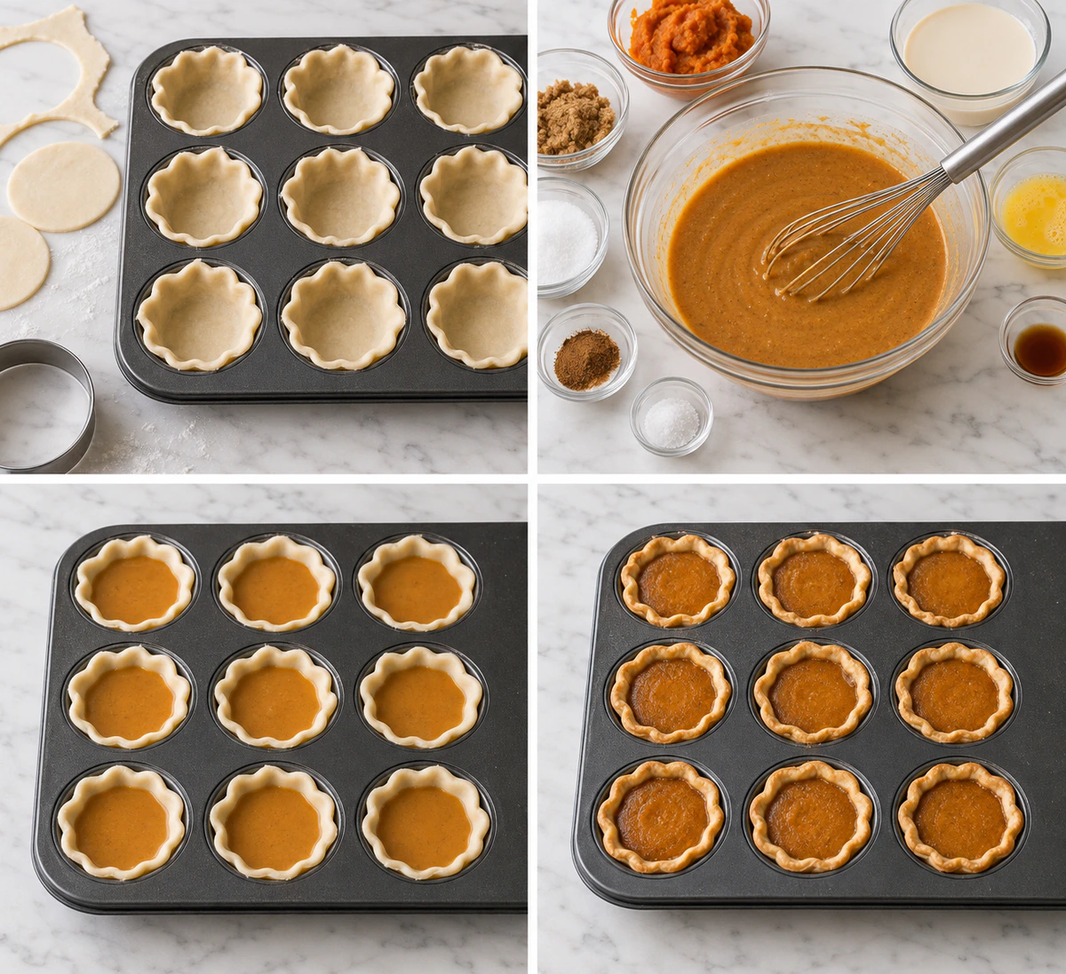 Four chronological preparation stages for Adorable Mini Pumpkin Pies