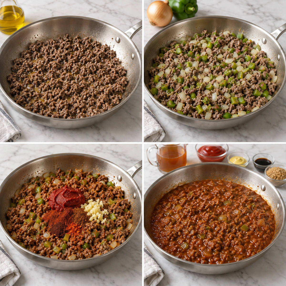 Four chronological preparation stages for Best Ever Homemade Sloppy Joes
