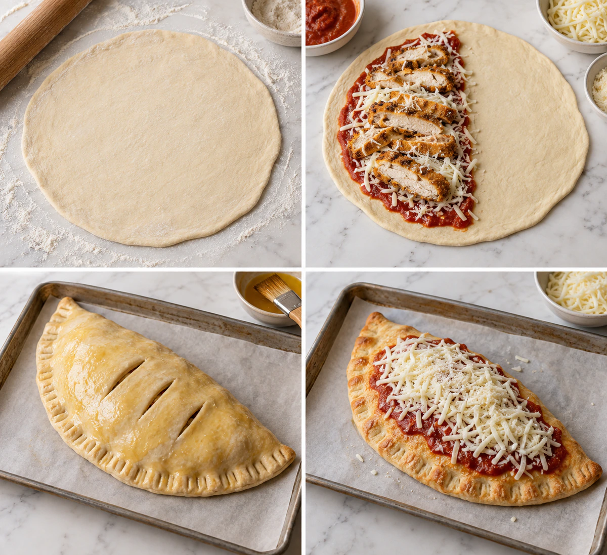 Four chronological preparation stages for Cheesy Chicken Parmesan Calzone Delight