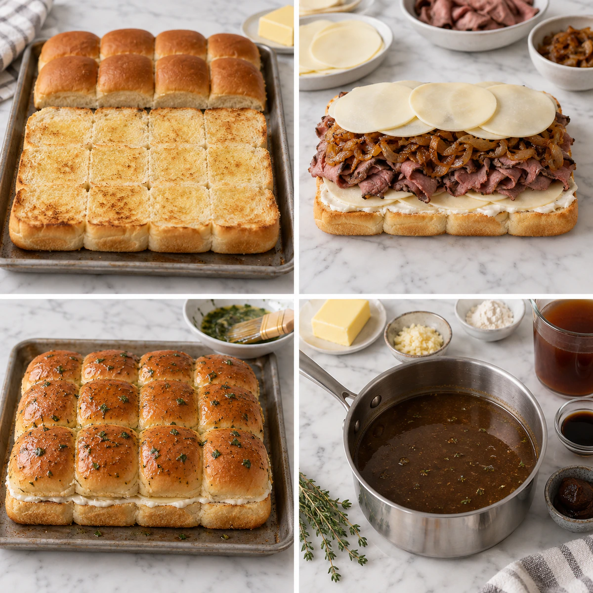 Four chronological preparation stages for Savory French Dip Sliders