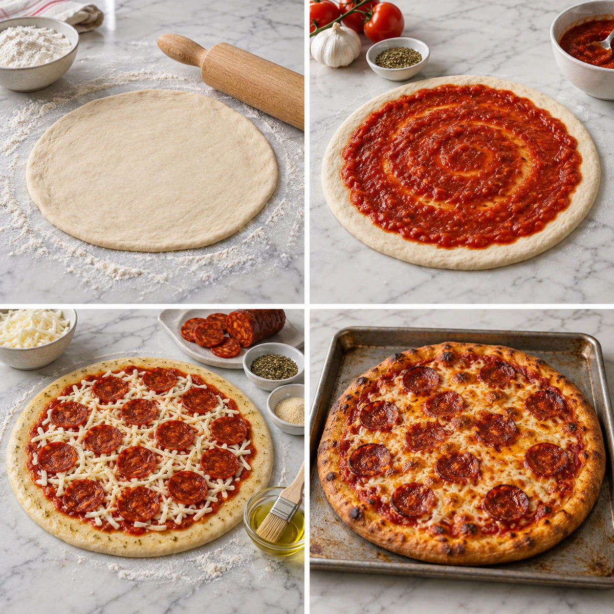 Four chronological preparation stages for Spicy Chorizo & Fennel Pizza