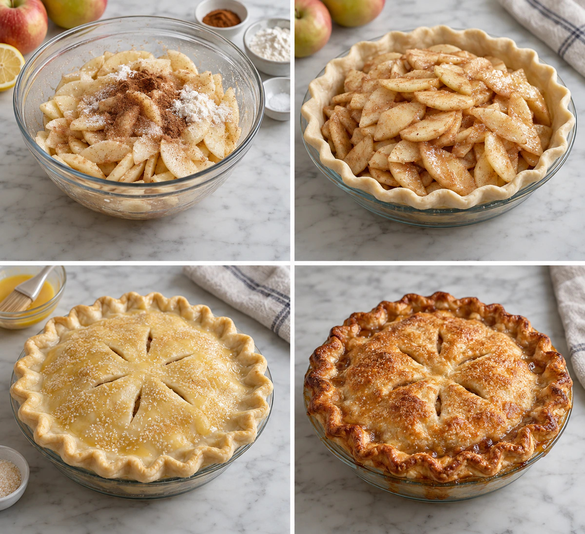 Four chronological preparation stages for Homemade Apple Pie