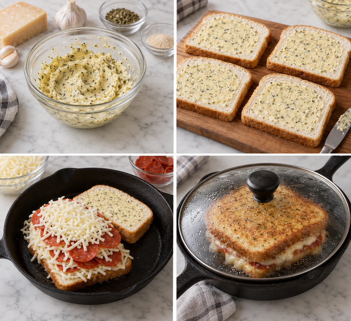 Four chronological preparation stages for Pizza Grilled Cheese Sandwich