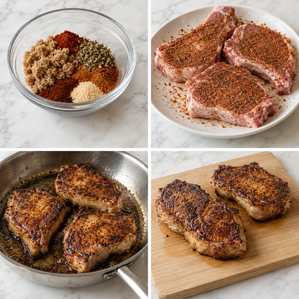 Four chronological preparation stages for Sweet & Savory Brown Sugar Pork Chops
