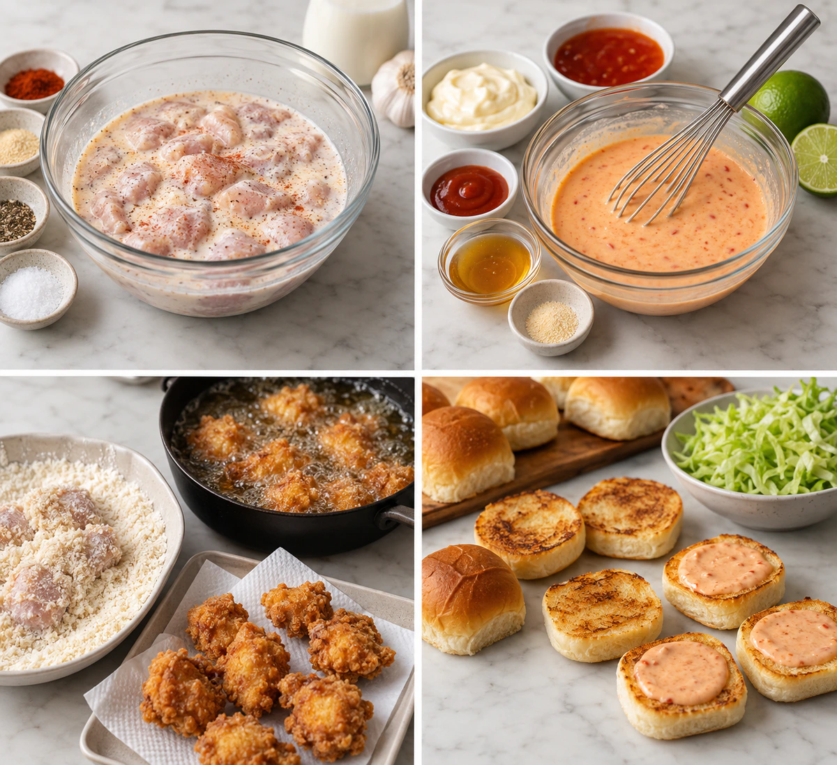 Four chronological preparation stages for Bang Bang Chicken Sliders