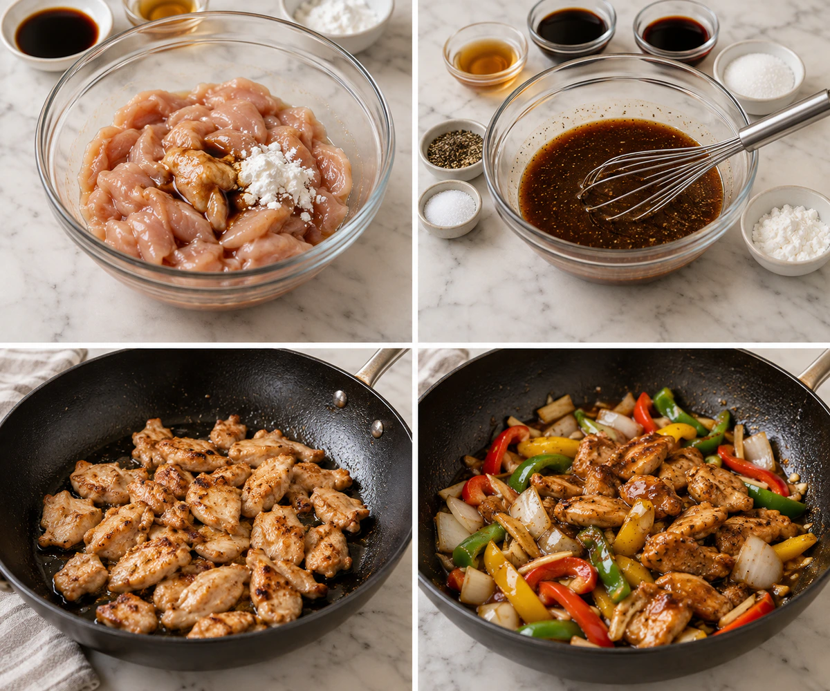 Four chronological preparation stages for Black Pepper Chicken