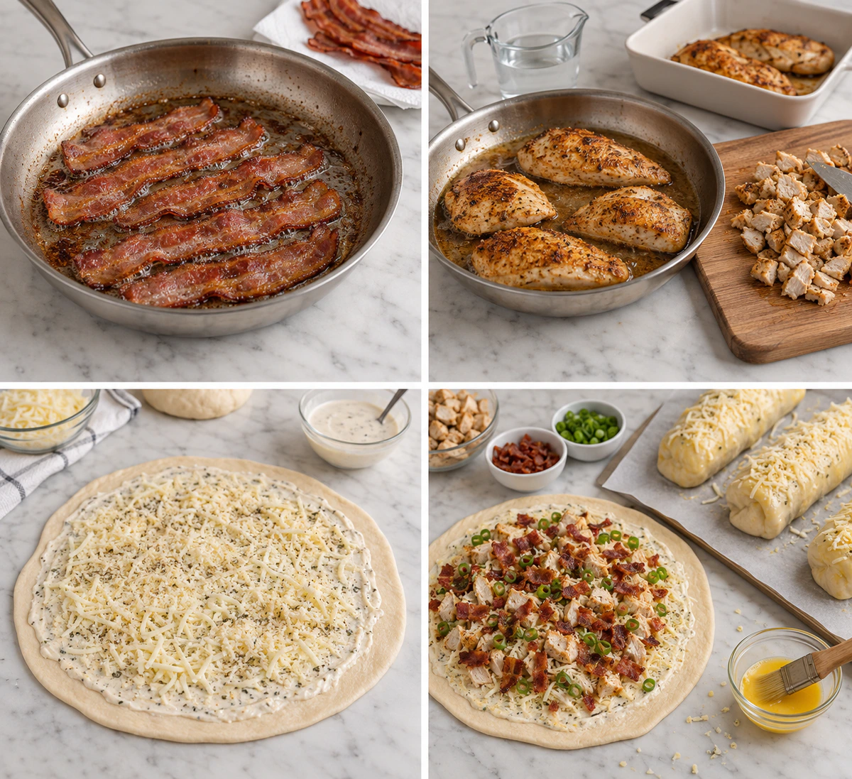 Four chronological preparation stages for Copycat Costco Chicken Bake