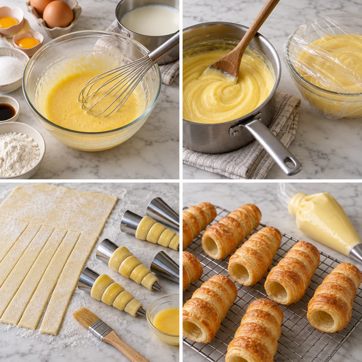 Four chronological preparation stages for Italian Cream Stuffed Cannoncini