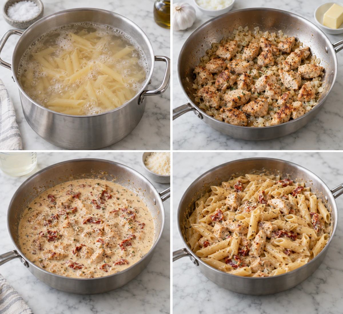 Four chronological preparation stages for Marry Me Chicken Pasta