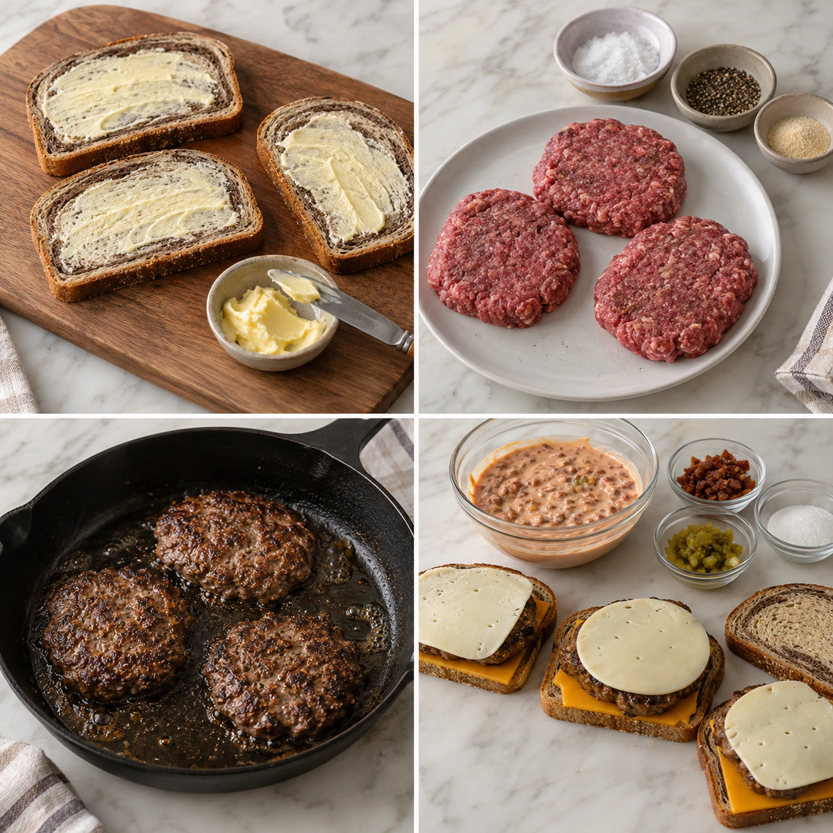 Four chronological preparation stages for Classic Patty Melt