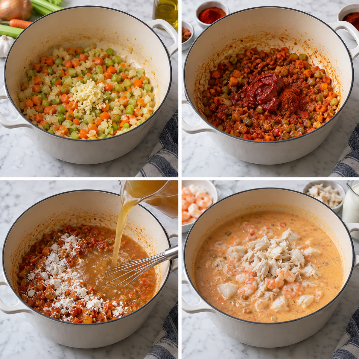 Four chronological preparation stages for Creamy Crab and Shrimp Seafood Bisque