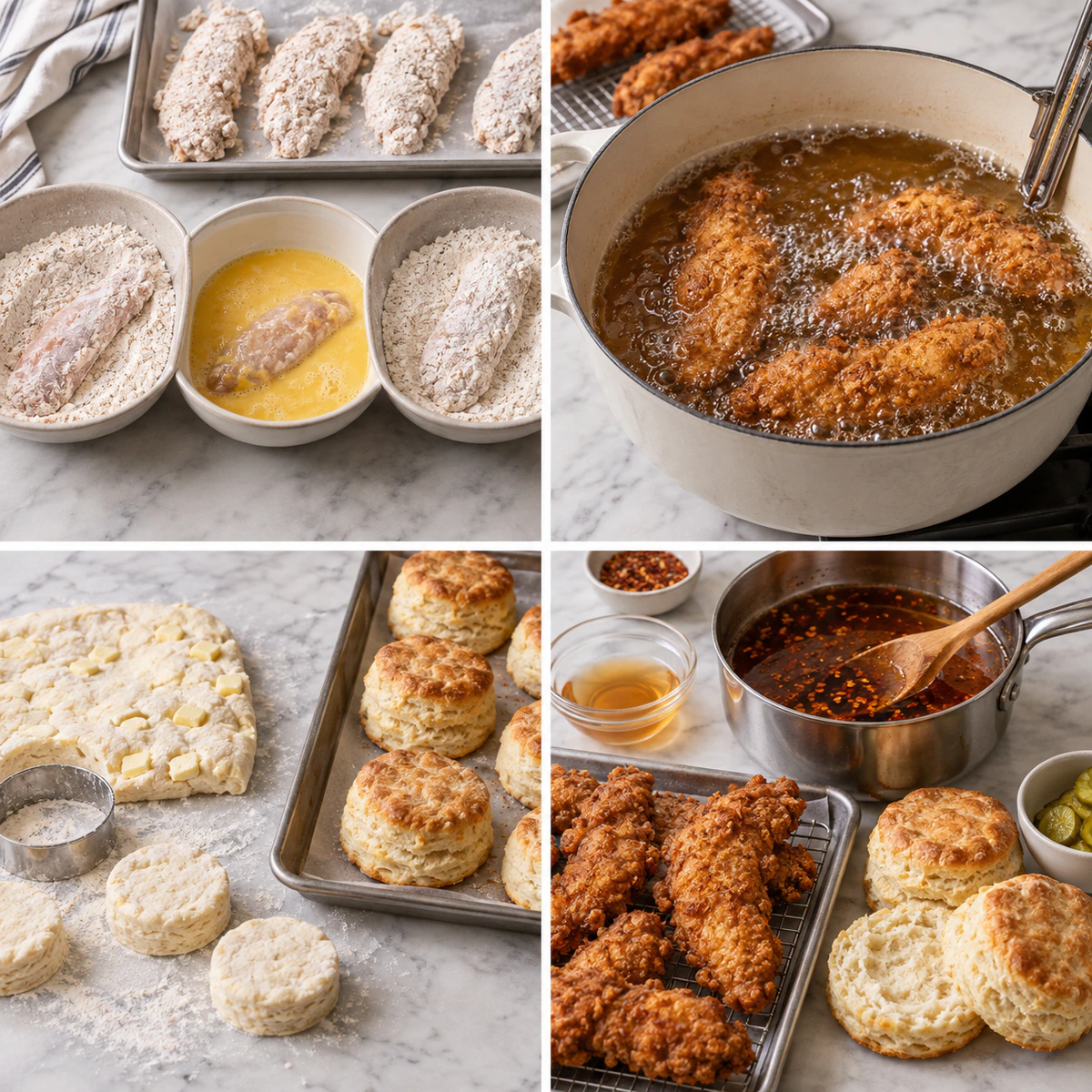 Four chronological preparation stages for Hot Honey Chicken Biscuits