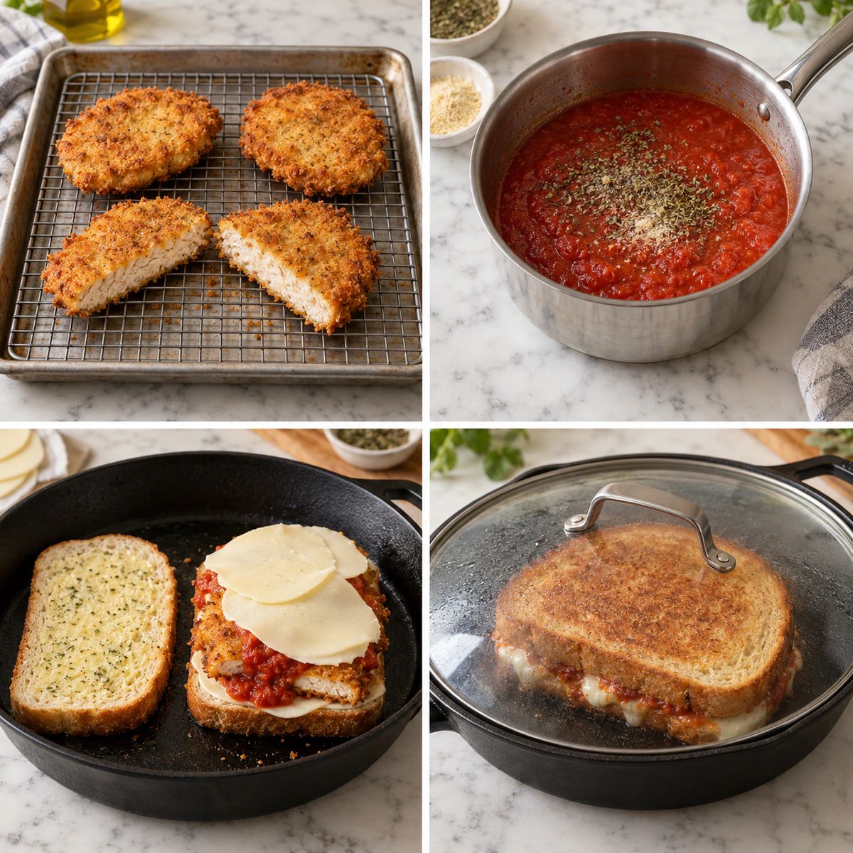 Four chronological preparation stages for Lazy Chicken Parmesan Grilled Cheese