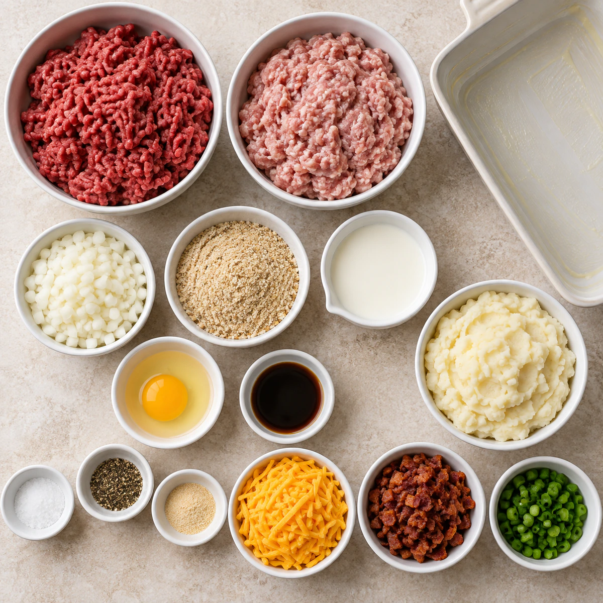 Exact measured ingredients for Cheesy Loaded Meatloaf Casserole