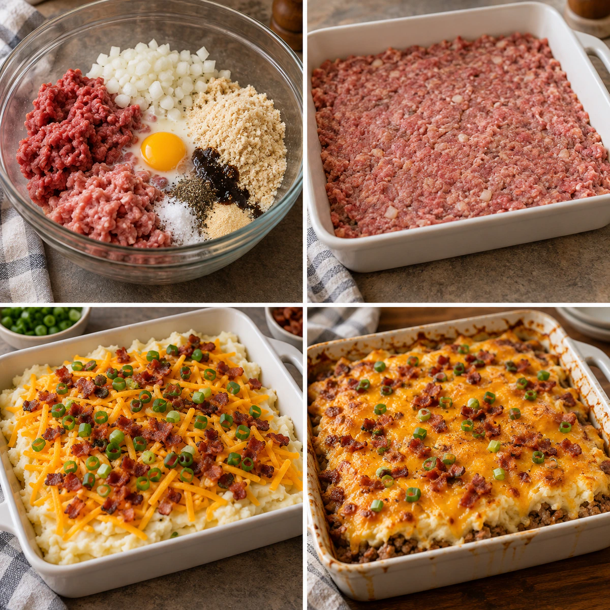 Four chronological preparation stages for Cheesy Loaded Meatloaf Casserole