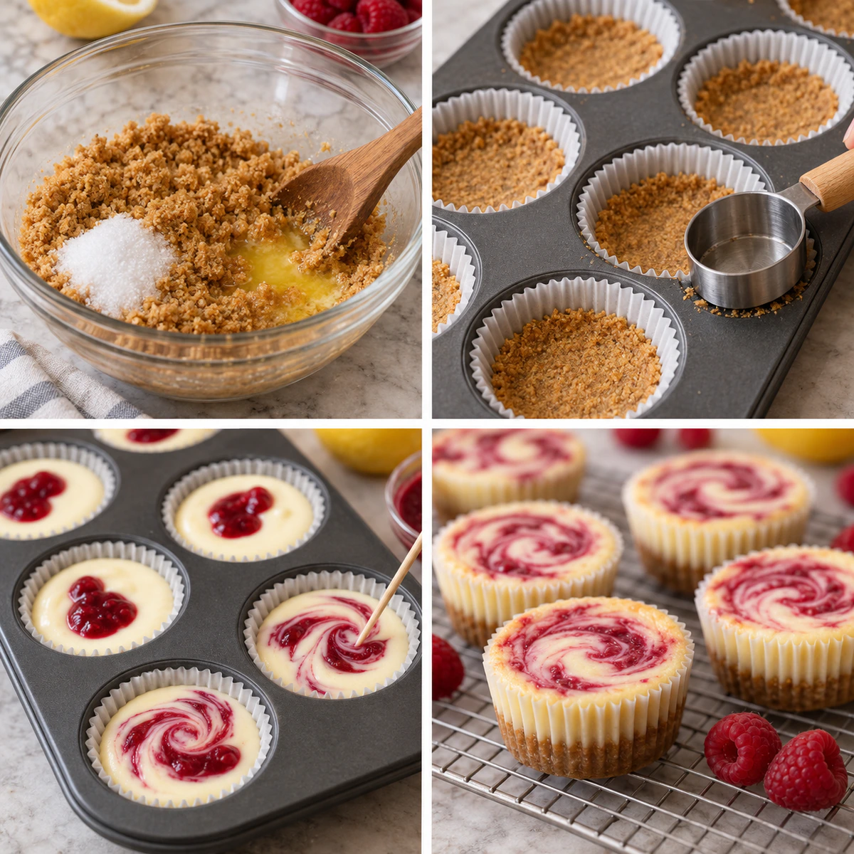 Four chronological preparation stages for Lemon Raspberry Swirl Cheesecake Cups