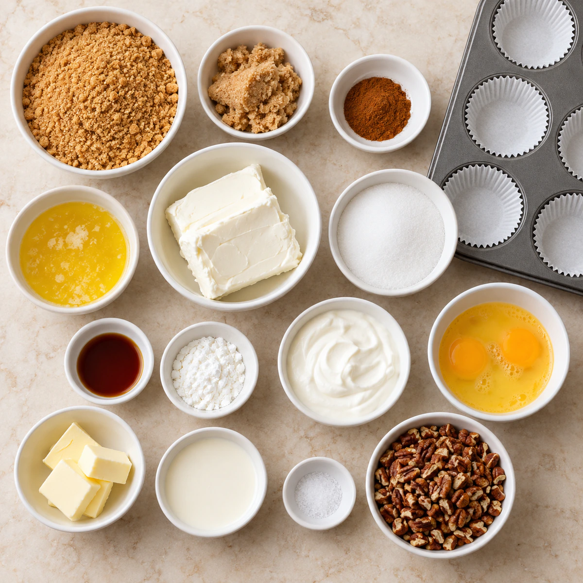 Exact measured ingredients for Mini Pecan Pie Cheesecakes