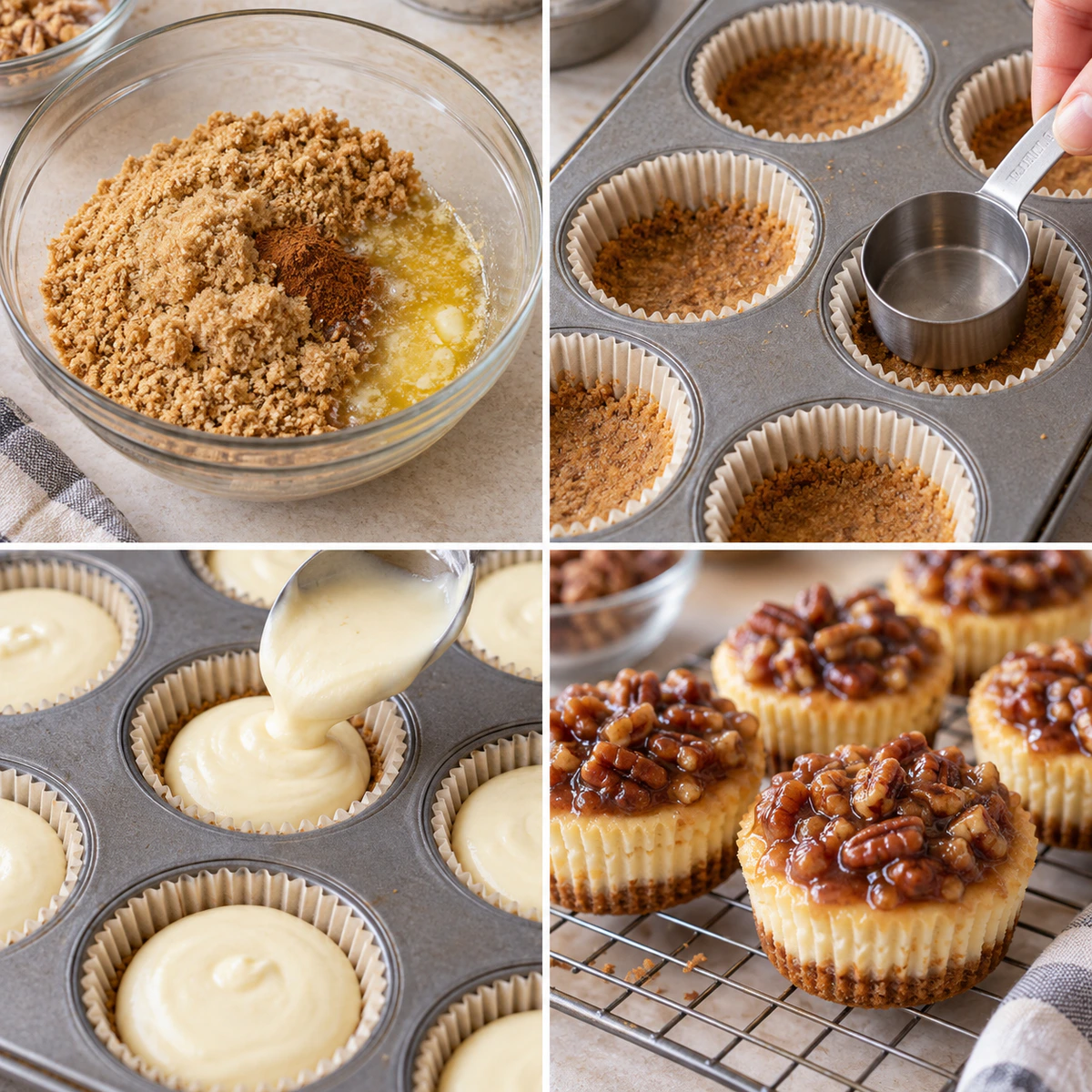 Four chronological preparation stages for Mini Pecan Pie Cheesecakes