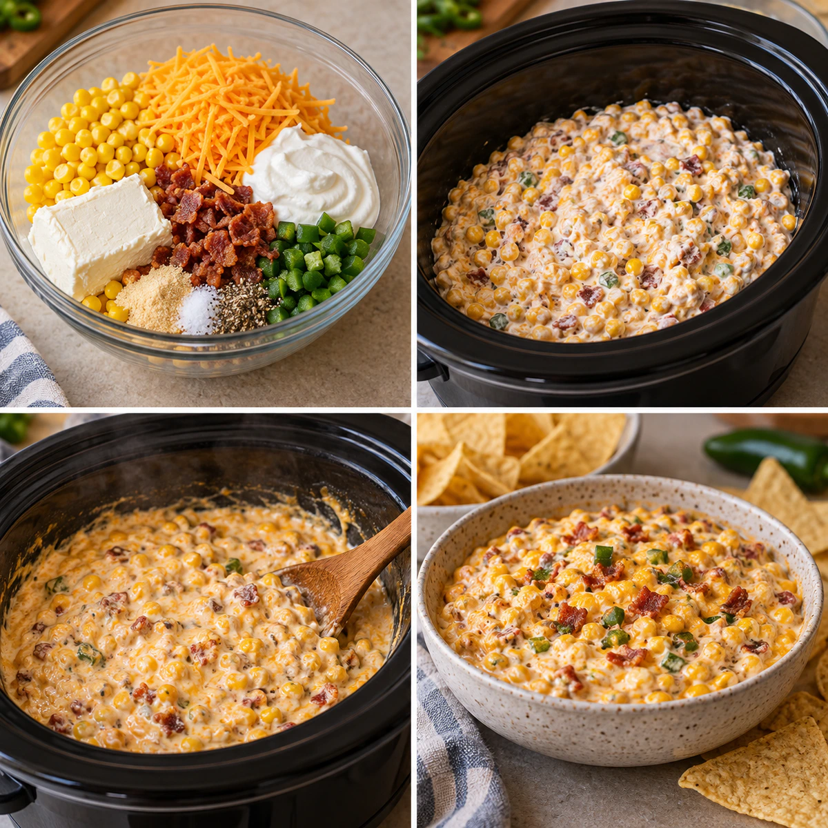 Four chronological preparation stages for Crack Corn Dip