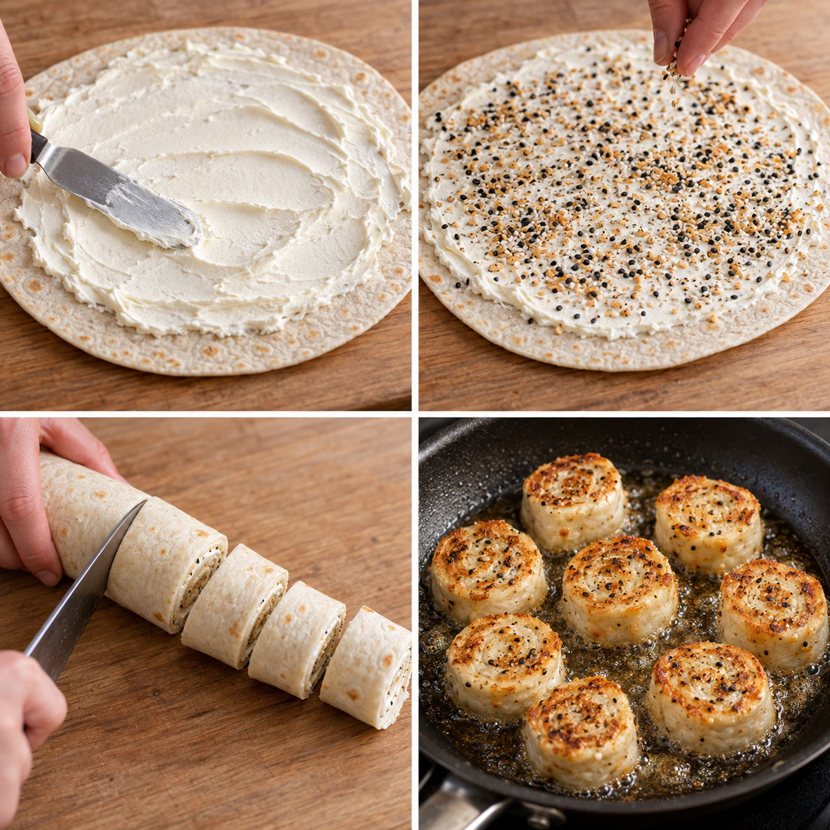 Four chronological preparation stages for Cream Cheese Tortilla Bites