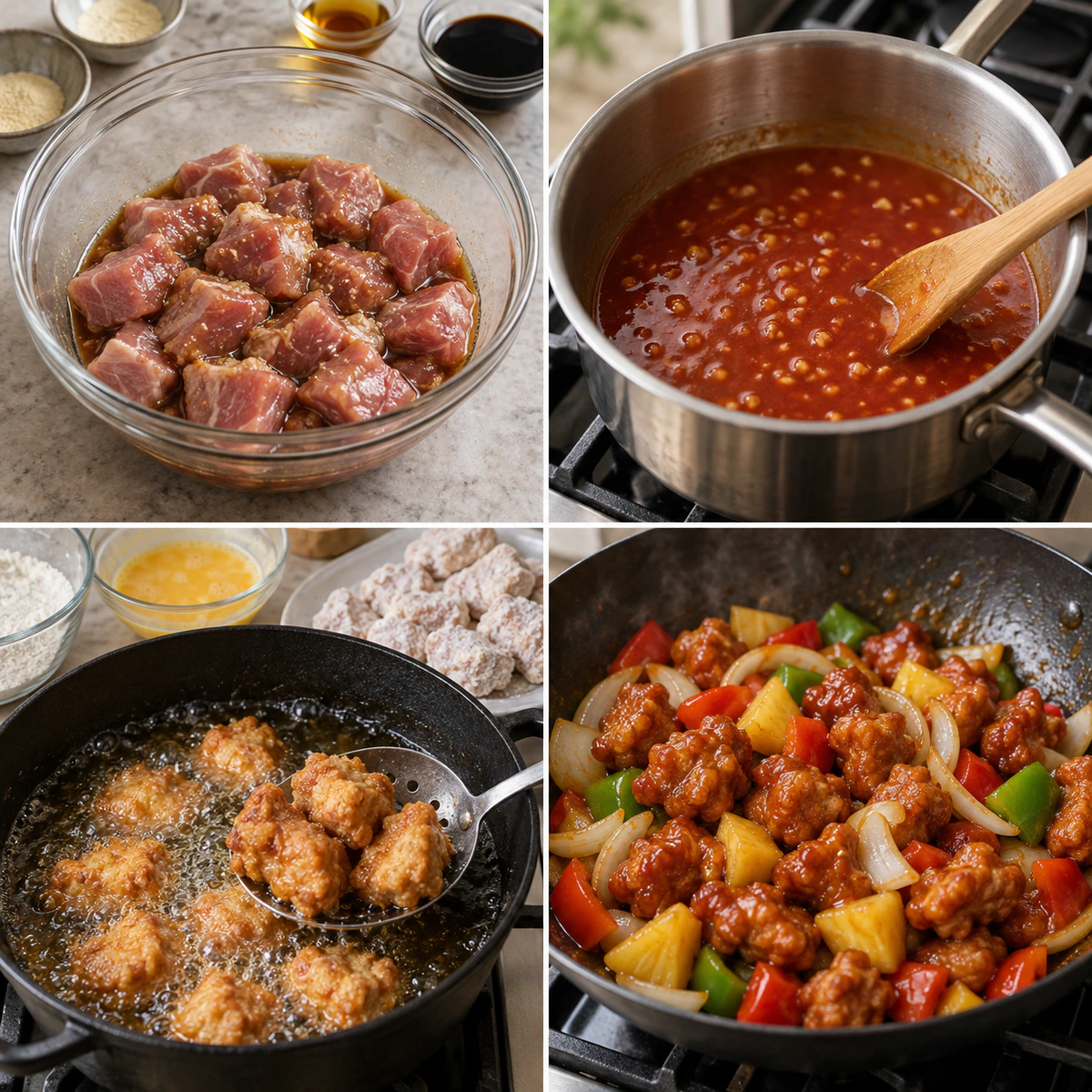 Four chronological preparation stages for Crispy Sweet and Sour Pork