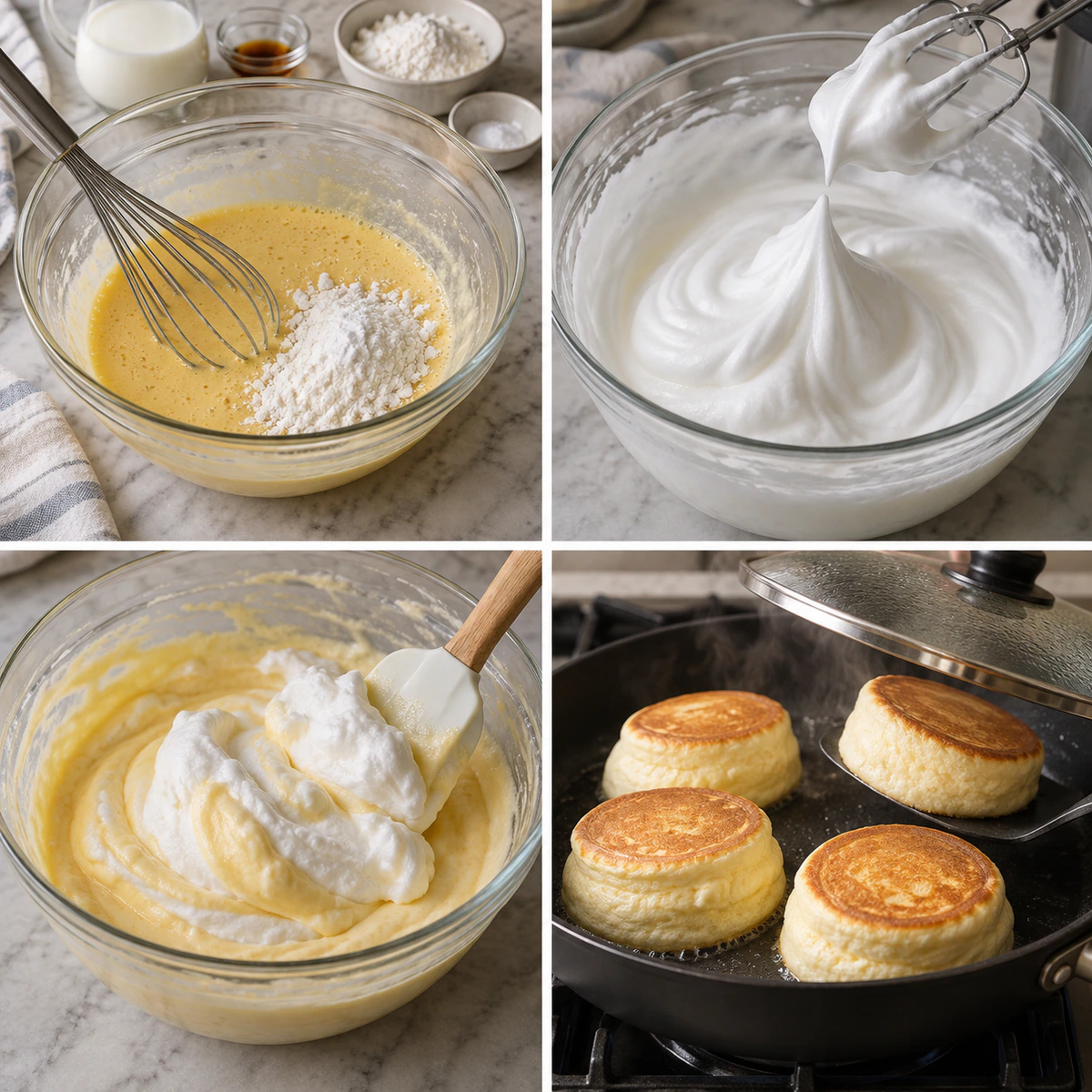 Four chronological preparation stages for Fluffy Japanese Souffle Pancakes