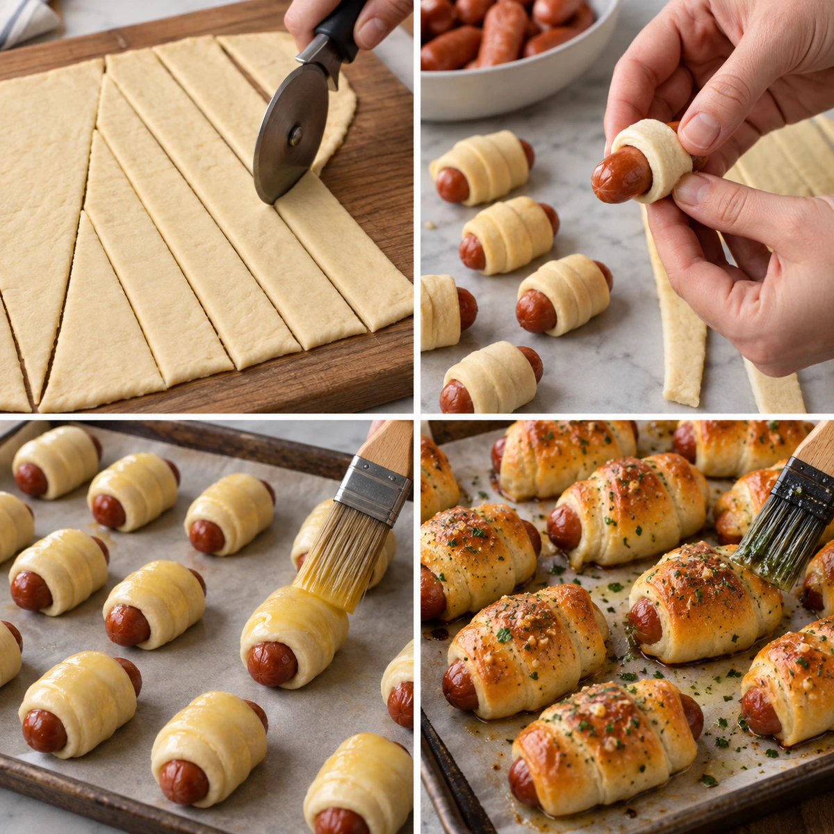 Four chronological preparation stages for Pigs in a Blanket