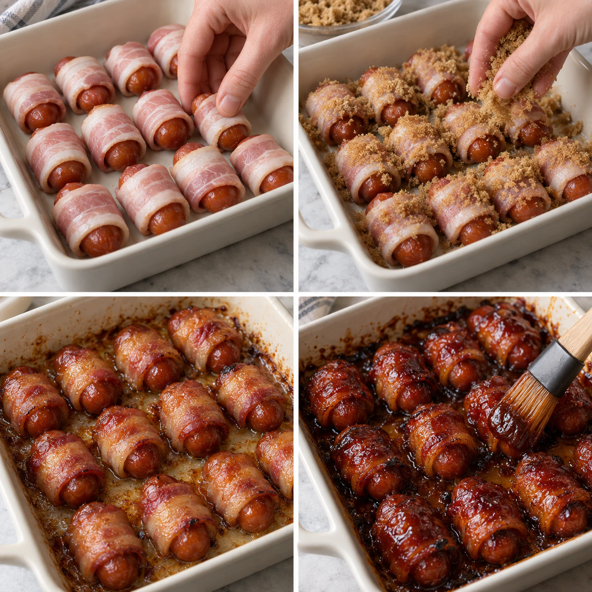 Four chronological preparation stages for BBQ Bacon Wrapped Little Smokies