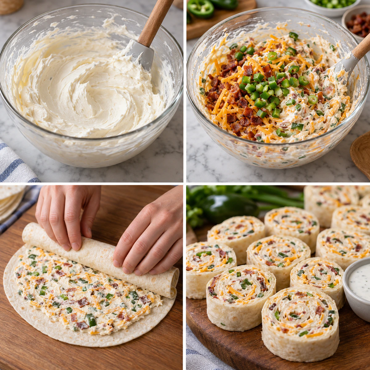Four chronological preparation stages for Jalapeño Popper Cream Cheese Pinwheels