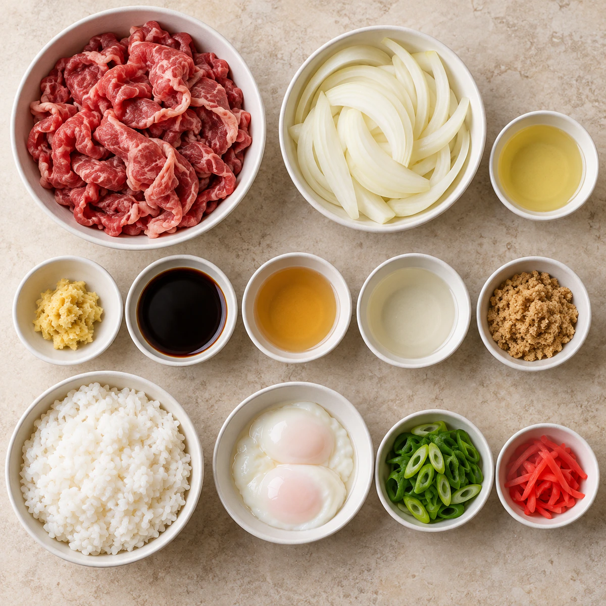 Exact measured ingredients for Japanese Beef Bowl (Gyudon)