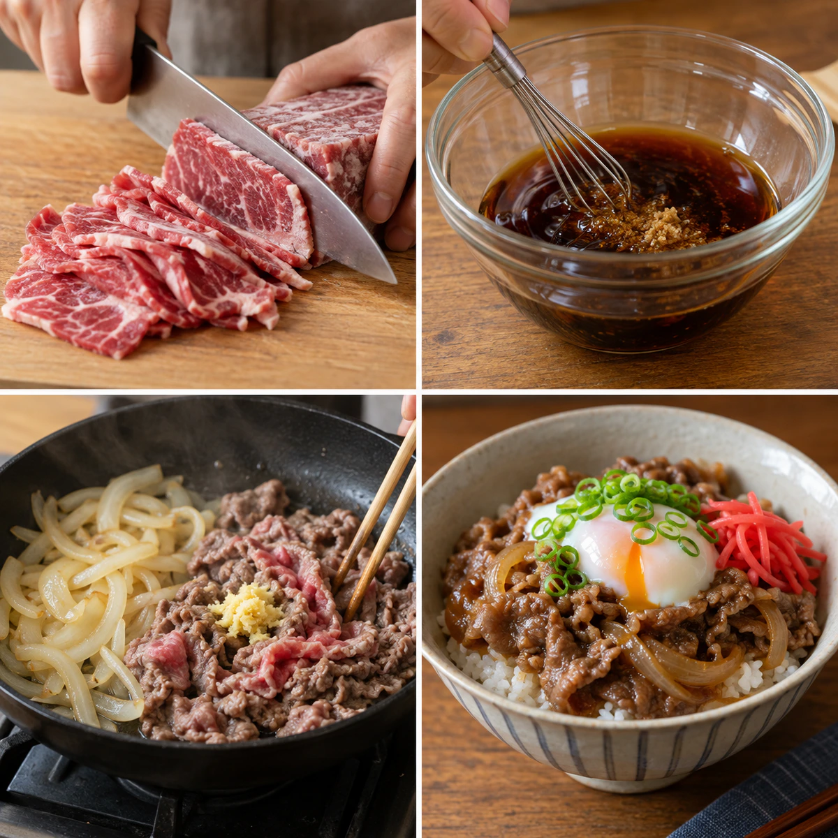 Four chronological preparation stages for Japanese Beef Bowl (Gyudon)