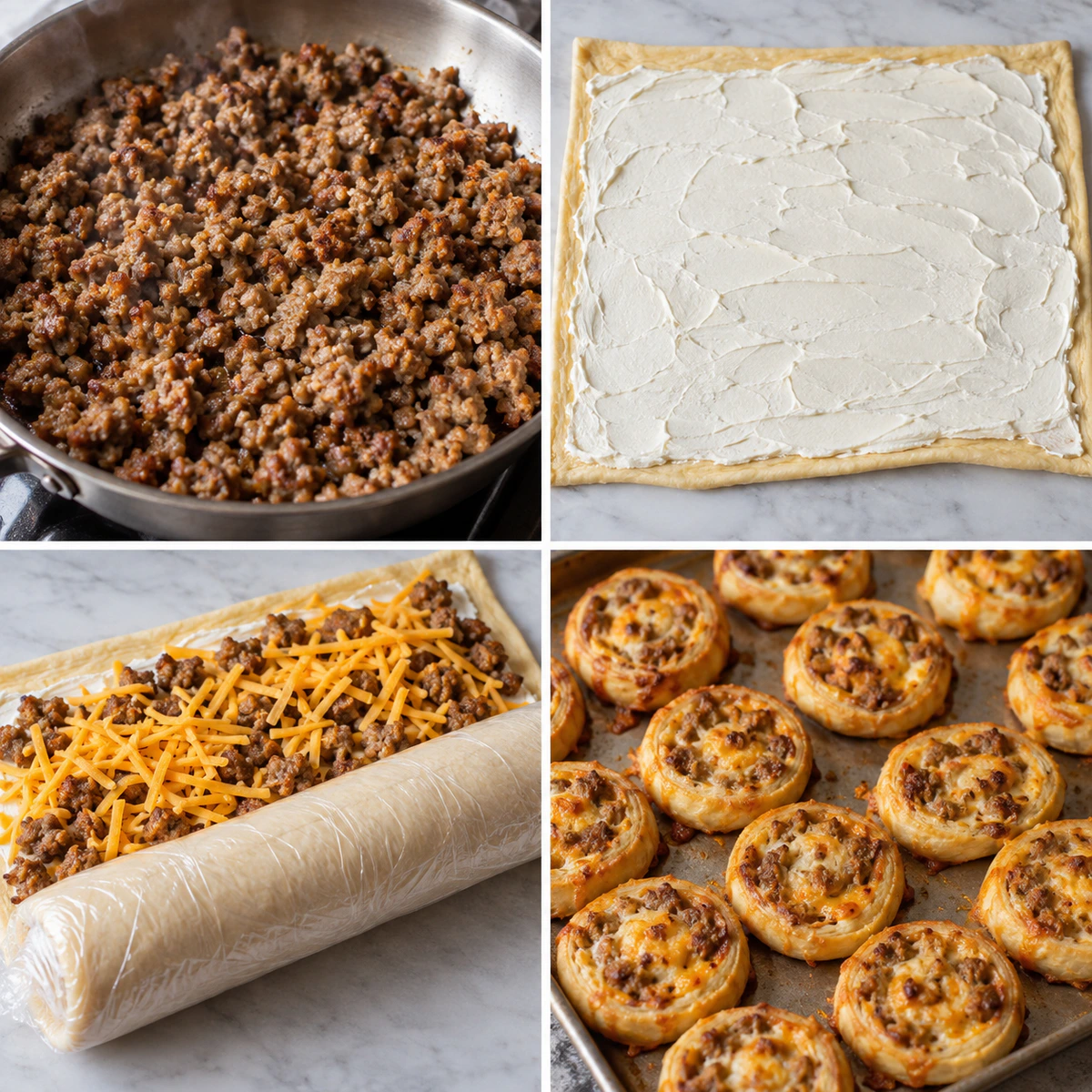 Four chronological preparation stages for Sausage Pinwheels